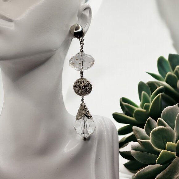 New OS Retro Disco Ball 4" Dangle Pierced Faux Crystal & Silver Tone Earrings - Picture 9 of 9